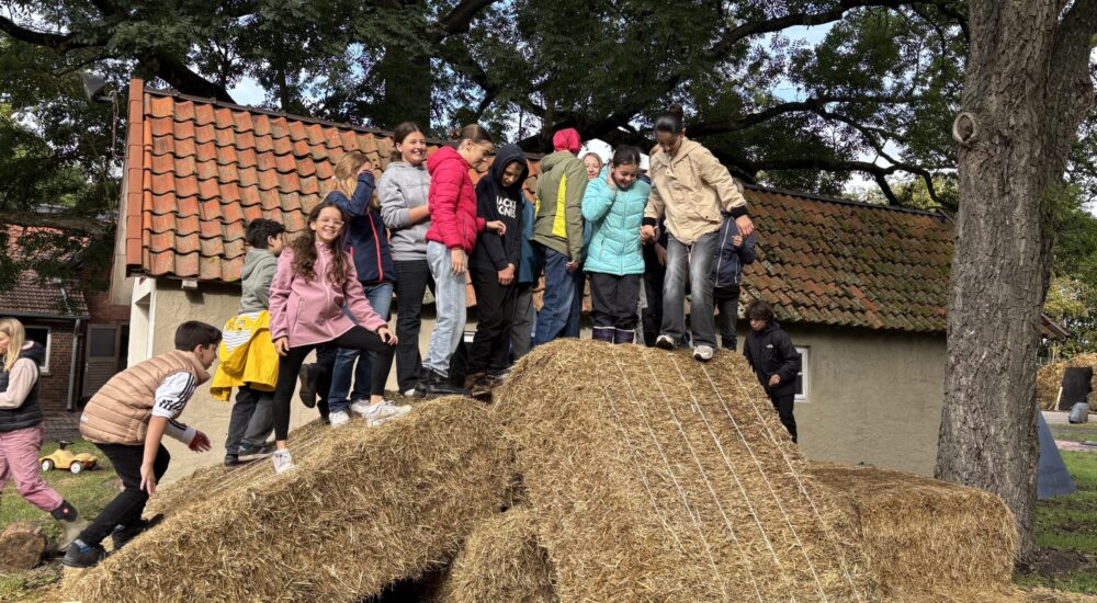 Kinder toben auf großen Heuballen
