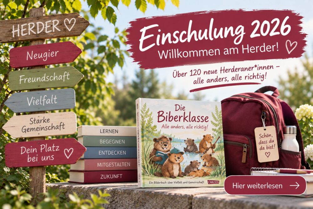 Ein rosa Rucksack mit Trinkflasche, Büchern und einen Verkehrsschild begrüße die neuen Schüler:innen am Herder