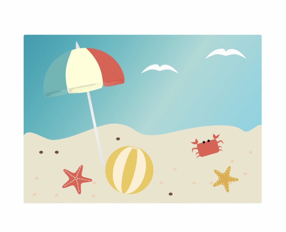 Endlich Ferien! Stand, blauer Himmel, Sonnenschirm, Muscheln und ein Krebs - herrlich