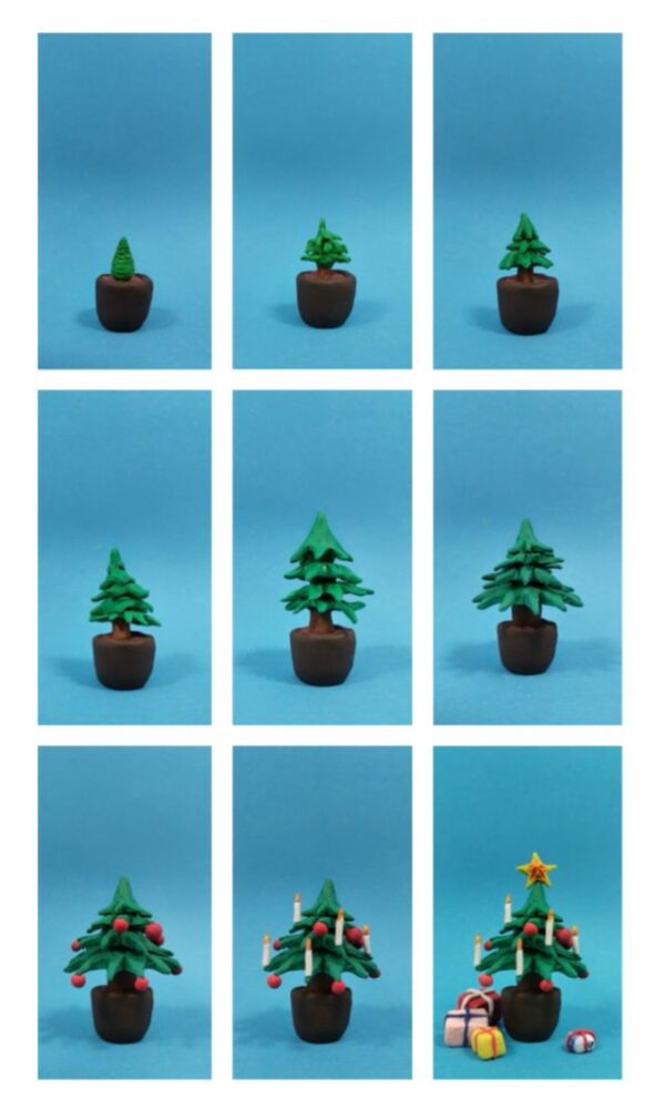 Weihnachtskarte in 9 Bildern, in denen erst ein zartes Pflänzchen, dann ein wachsender Baum und schließlich ein festlich geschmückter Weihnachtsbaum zu sehen ist