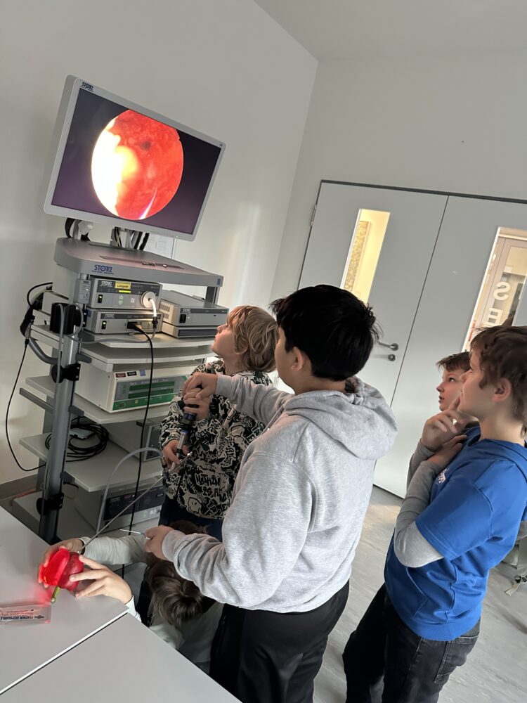 Schüler:innen üben mit dem Endoskob und schauen gespannt auf den Bildschirm