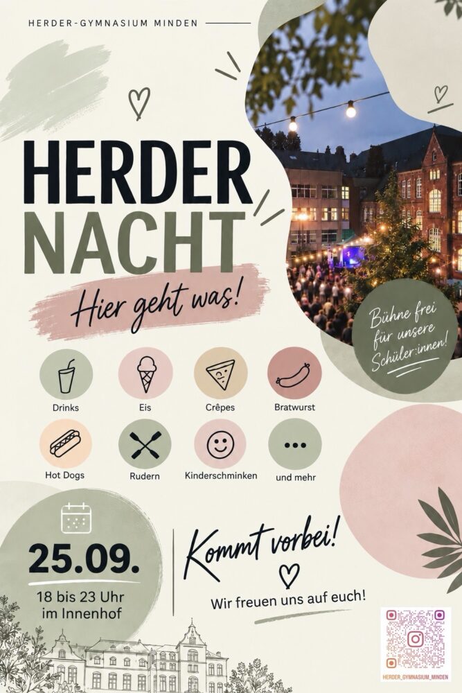 Plakat "Herzliche Einladung zur Herder-Nacht" am 25.9.2026 von 18 bis 23 Uhr mit Programmhinweisen