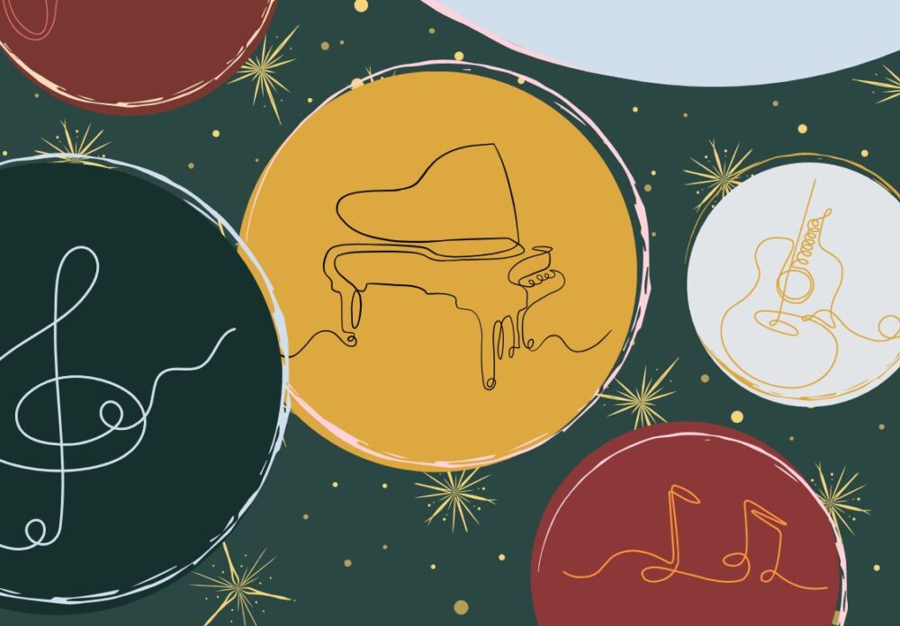 Plakat zum Weihnachtskonzert am Herder-Gymnasium mit Noten, einem Flügel, einer Gitarre und einem Notenschlüssel